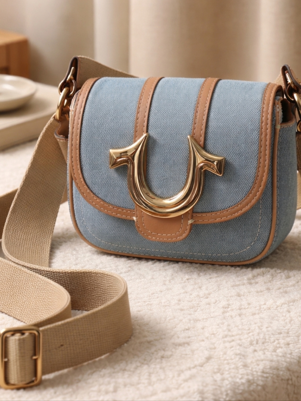 True Religion Light Blue Denim Crossbody with Tan Trim & Gold Hardware NWOT